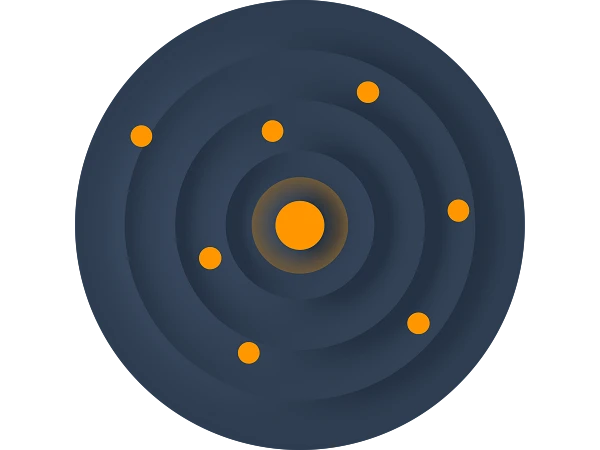 Ein stilisiertes Diagramm, das ein atomartiges Modell zeigt, mit einem zentralen gelben Kern und mehreren orangefarbenen Elektronen, die sich in konzentrischen, dunklen Bahnen um den Kern bewegen.