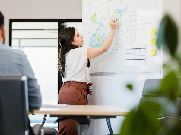 Eine Person mit langen, braunen Haaren trägt ein weißes Oberteil und eine braune Hose, während sie an einem Whiteboard Graphen und Notizen mit einem Marker aufträgt. Im Vordergrund ist ein Tisch mit Stühlen und einer Pflanze zu sehen.