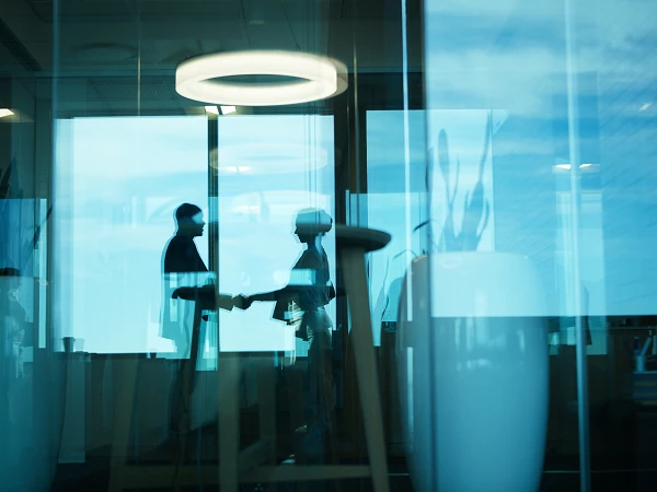 Zwei Silhouetten von Menschen, die sich in einem modernen Büro die Hand schütteln, während sie durch große Fenster auf den Himmel und Pflanzen im Innenraum blicken.