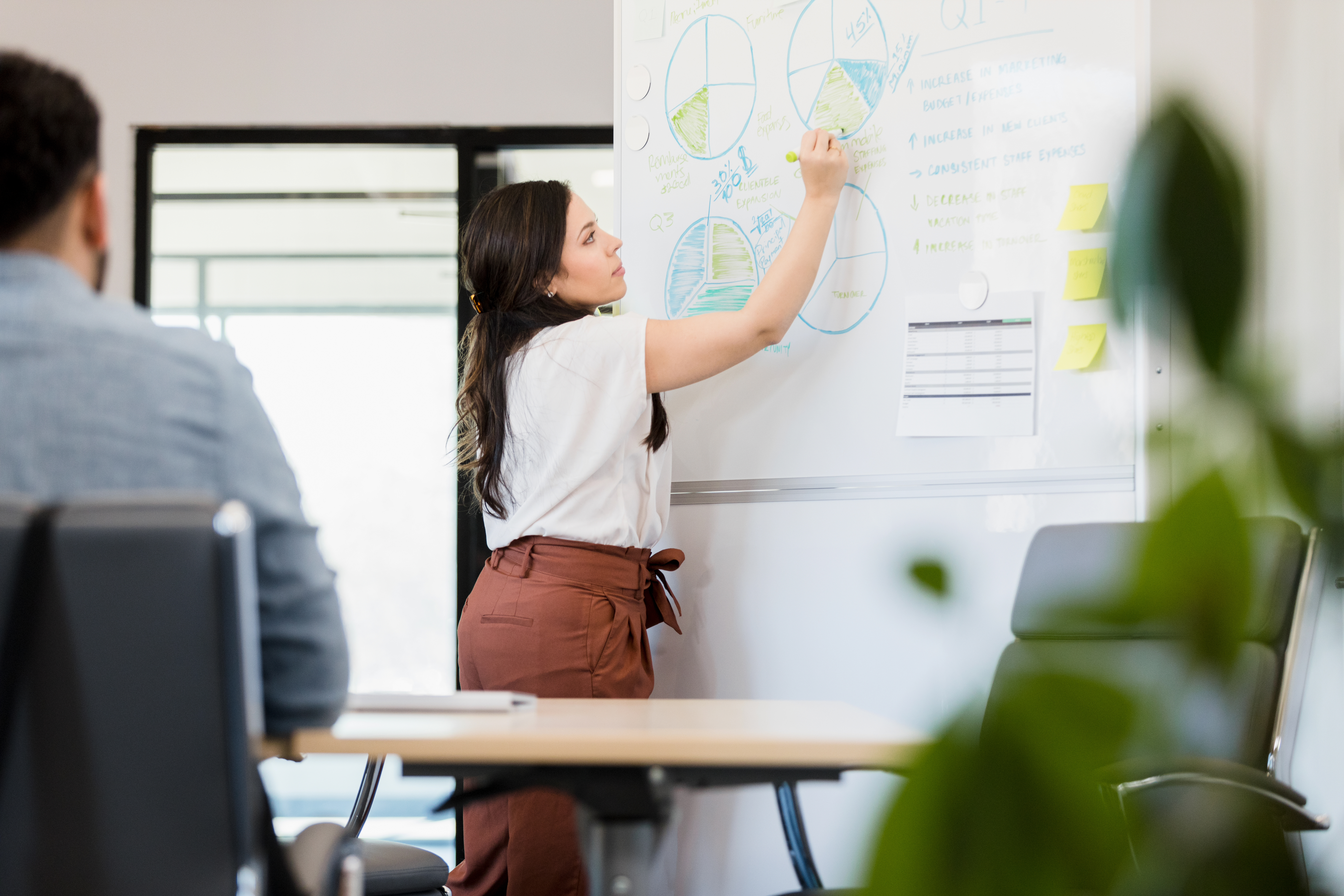 Eine Person mit langen, braunen Haaren trägt ein weißes Oberteil und eine braune Hose, während sie an einem Whiteboard Graphen und Notizen mit einem Marker aufträgt. Im Vordergrund ist ein Tisch mit Stühlen und einer Pflanze zu sehen.