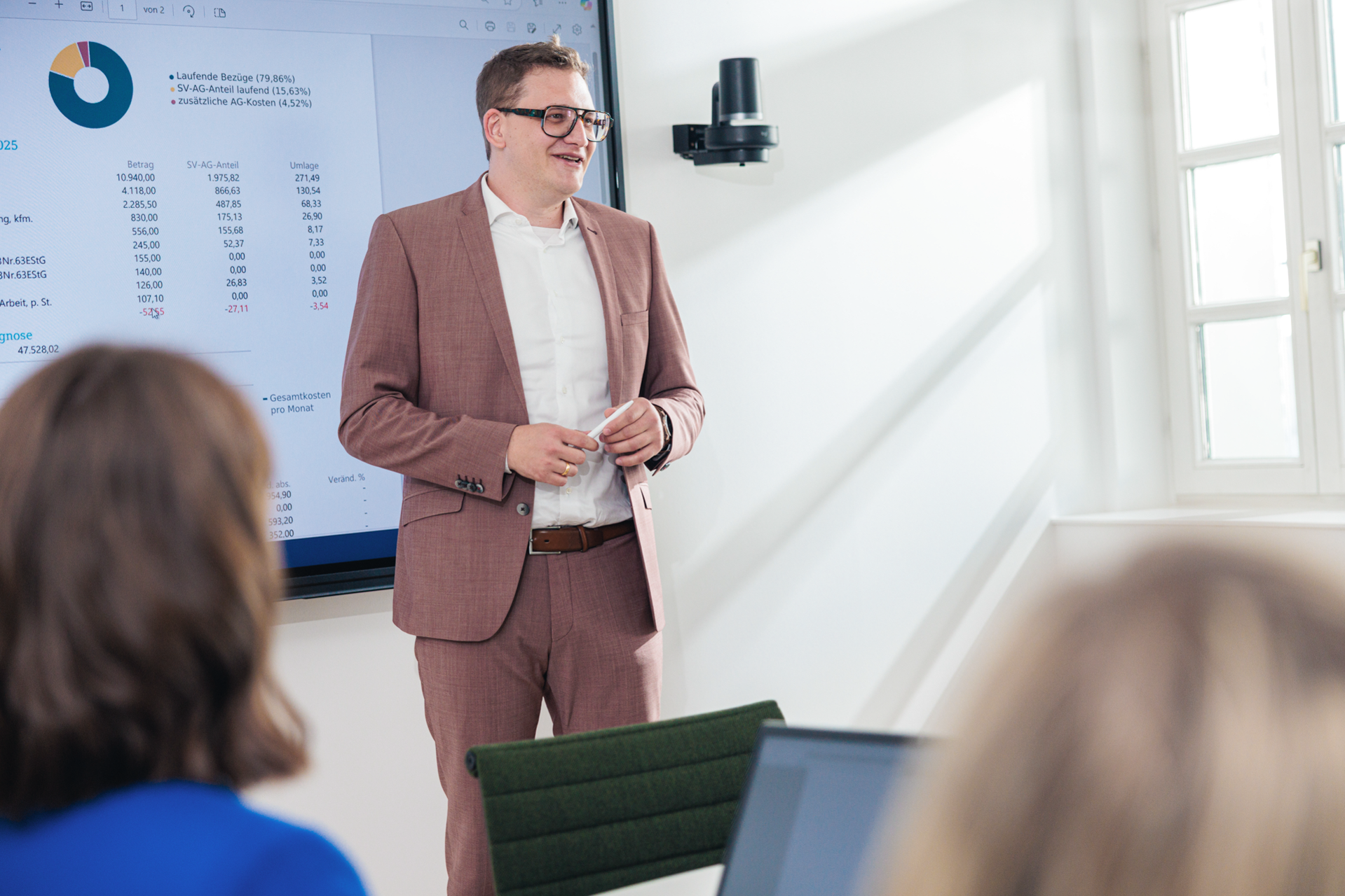 Ein Mann in einem hellen Anzug steht in einem Besprechungsraum und präsentiert vor einer Gruppe von Personen, während im Hintergrund ein Bildschirm mit Diagrammen und Daten sichtbar ist.